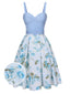 [Vorverkauf] Blau 1950er Spaghetti Träger Blumen Kleid mit Gürtel