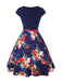 Tiefblau 1950er Blumen Patchwork Swing Kleid