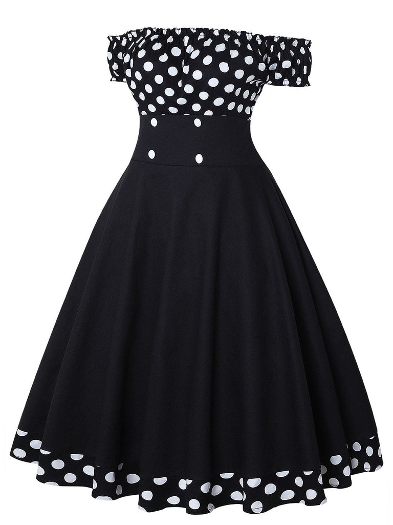 Schwarz 1950er Schulterfrei Polka Dots Kleid mit Zubehör-Set