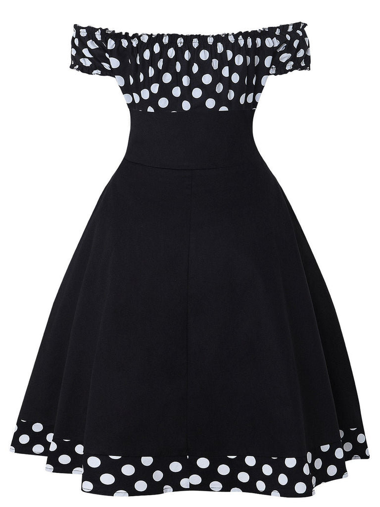 Schwarz 1950er Schulterfrei Polka Dots Kleid mit Zubehör-Set