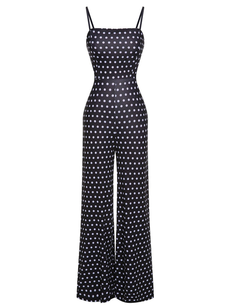 Schwarz 1940er Polka Dots Rücken Träger Jumpsuit