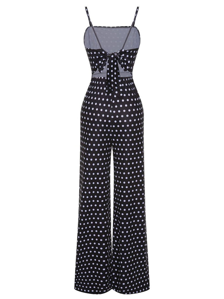 Schwarz 1940er Polka Dots Rücken Träger Jumpsuit