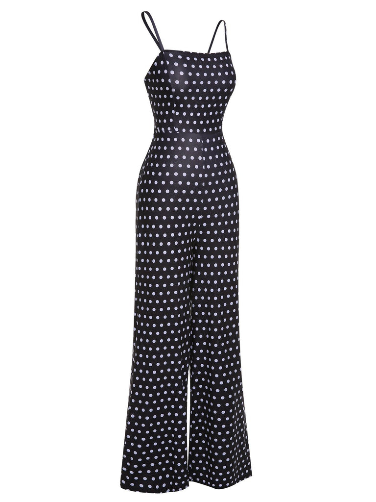 Schwarz 1940er Polka Dots Rücken Träger Jumpsuit