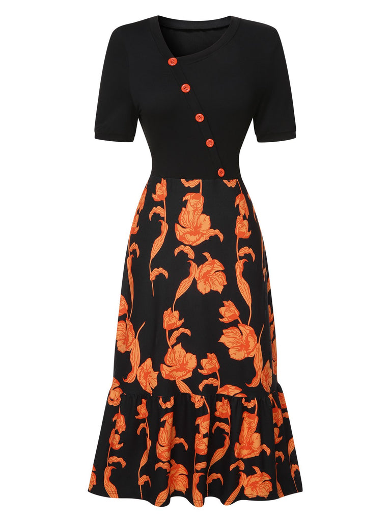 Schwarz 1930er Unregelmäßiger Ausschnitt Blumen Patchwork Kleid