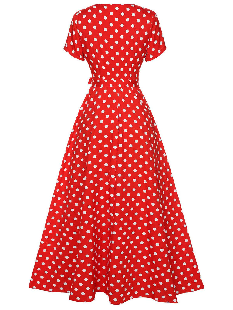 1930er Seitlicher Schlitz Tief V-Ausschnitt Polka Dots Kleid