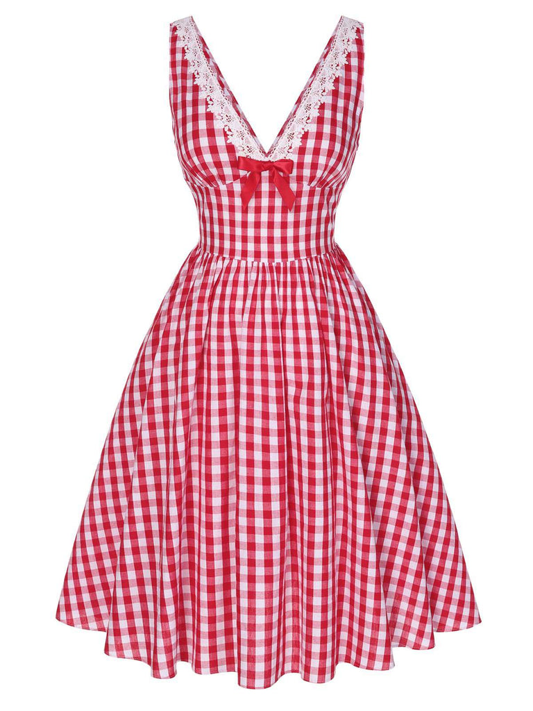 [Vorverkauf] Rot 1950er Spitze V-Ausschnitt Plaid Kleid