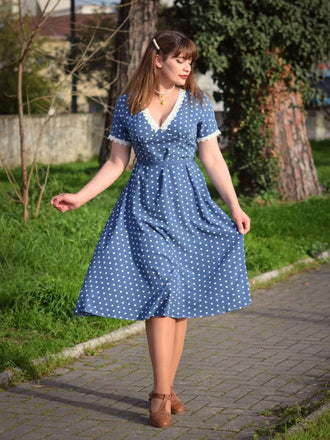 Dunkelblau 1930er V-Ausschnitt Polka Dots Kleid mit Gürtel
