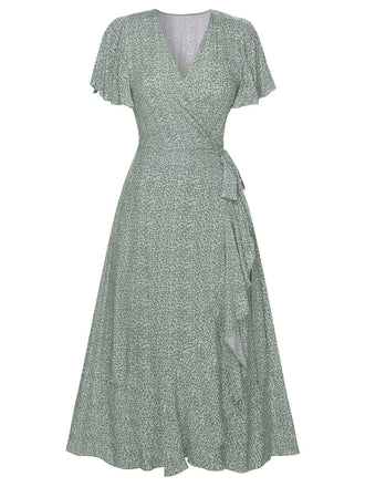 Grün 1940er Blumen Volantärmel Kleid