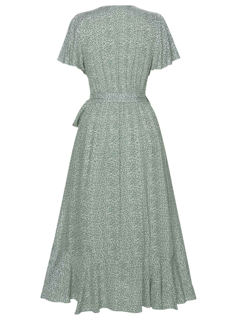 Grün 1940er Blumen Volantärmel Kleid