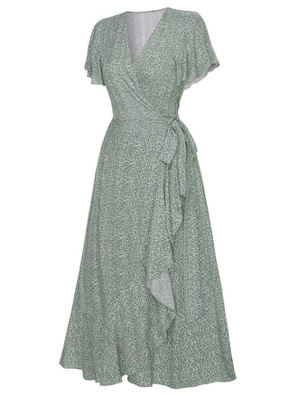 Grün 1940er Blumen Volantärmel Kleid