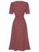 Weinrot 1940er V-Ausschnitt Ditsy Blumen Kleid