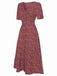 Weinrot 1940er V-Ausschnitt Ditsy Blumen Kleid