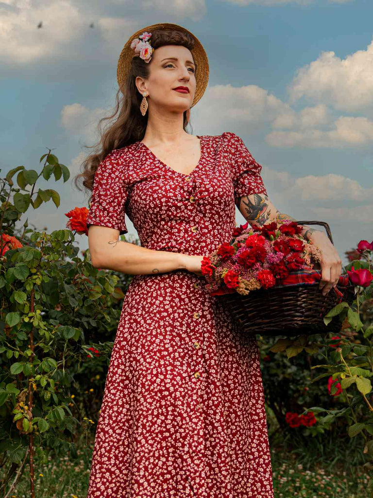 Weinrot 1940er V-Ausschnitt Ditsy Blumen Kleid