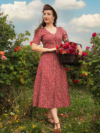 Weinrot 1940er V-Ausschnitt Ditsy Blumen Kleid
