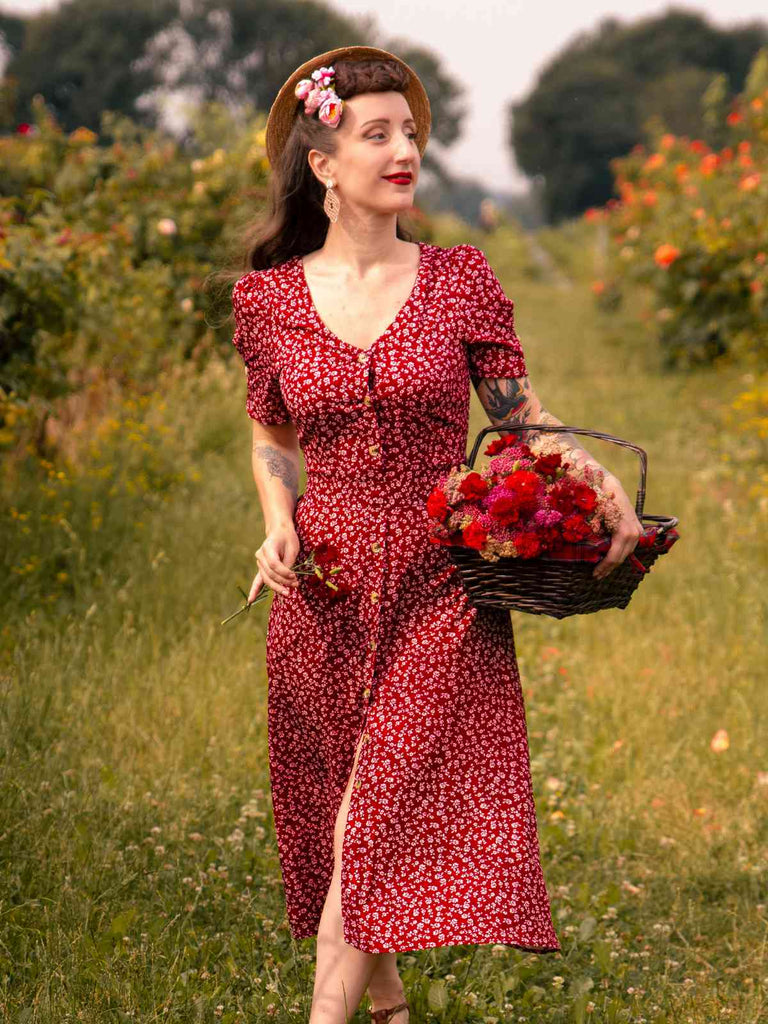 Weinrot 1940er V-Ausschnitt Ditsy Blumen Kleid