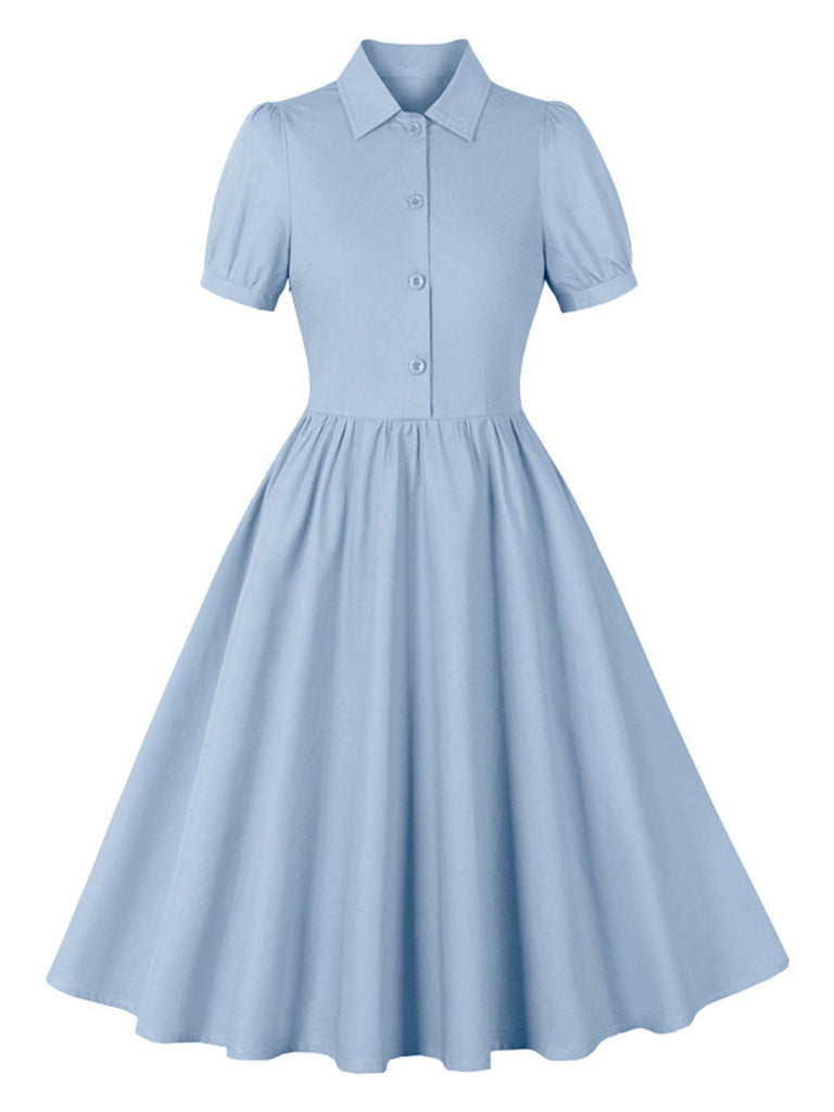 1950er Solide Revers Knöpfen Swing Kleid