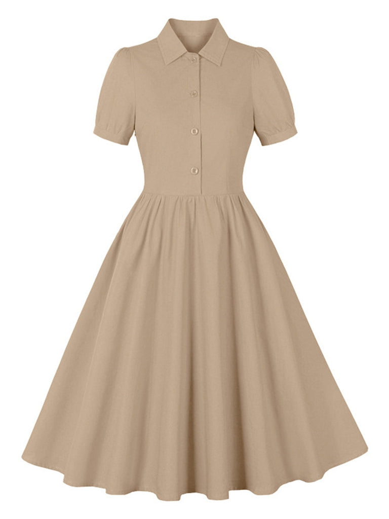 1950er Solide Revers Knöpfen Swing Kleid