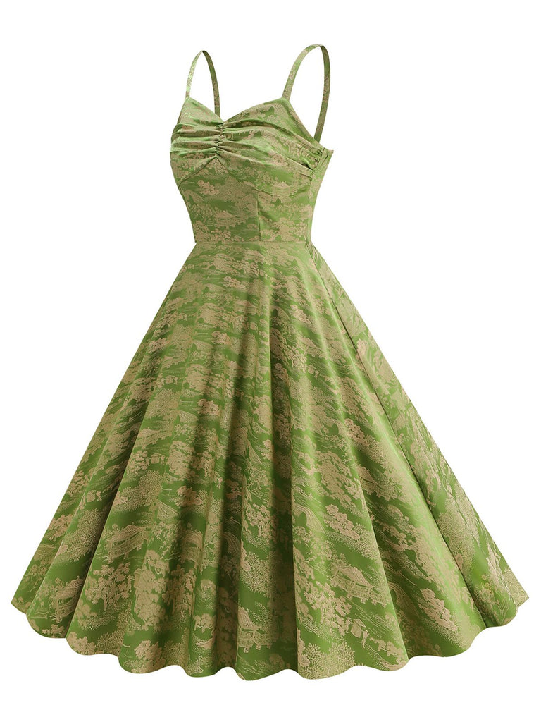 Grün 1950er Blumen Hosenträger Swing Kleid