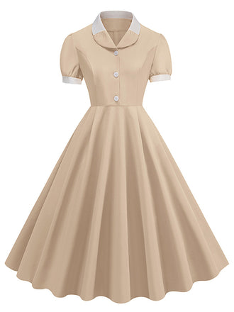 1950er Kontrast Kurzarm Revers Kleid