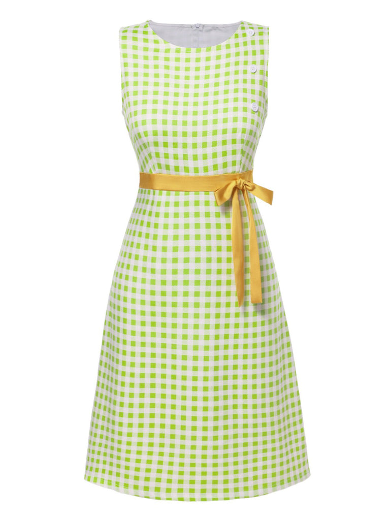 [Vorverkauf] Grün 1960er Taillengürtel Plaid Mod Kleid