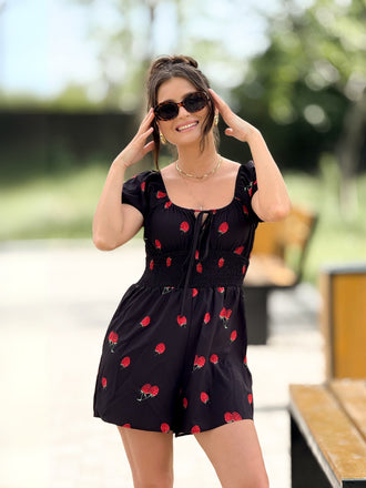 Schwarz 1950er Himbeere Puffärmel Romper