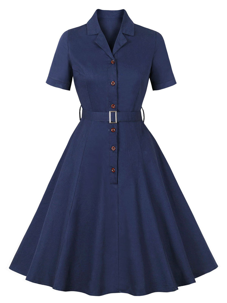 1950er Revers Solide Tasten Gürtel kleid