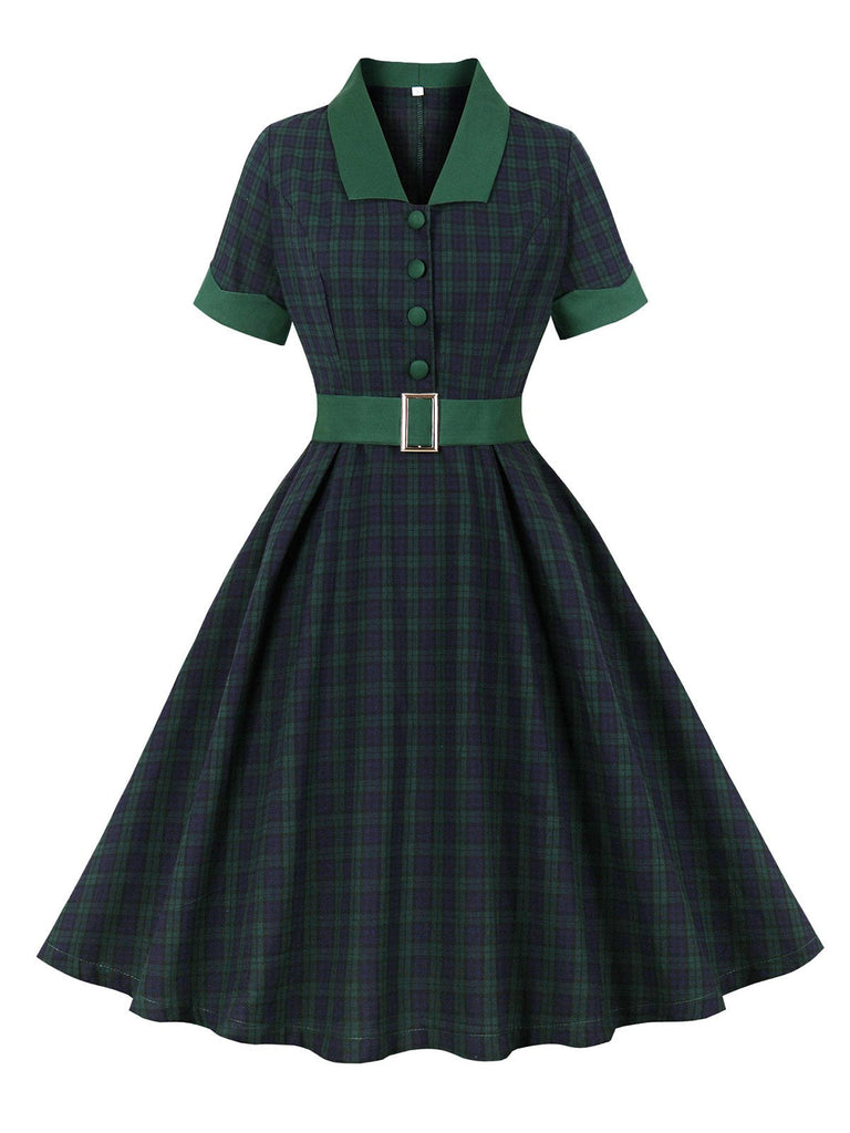 Grün 1950er Schwarzwatch Tartan Revers Kleid
