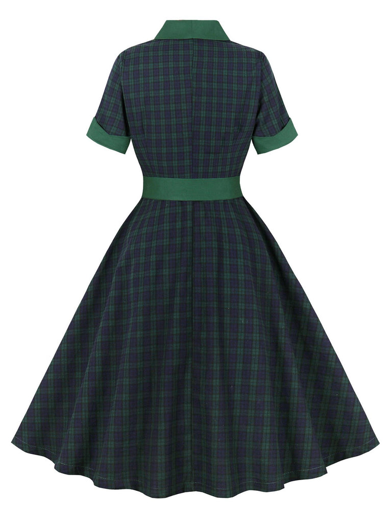 Grün 1950er Schwarzwatch Tartan Revers Kleid