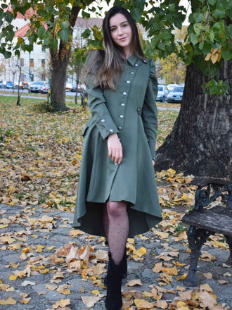 Grün 1950er Solide Stehkragen Mantel mit Knöpfen