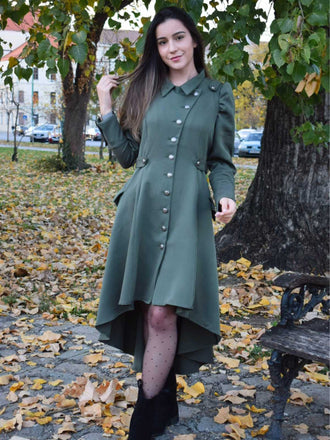 Grün 1950er Solide Stehkragen Mantel mit Knöpfen