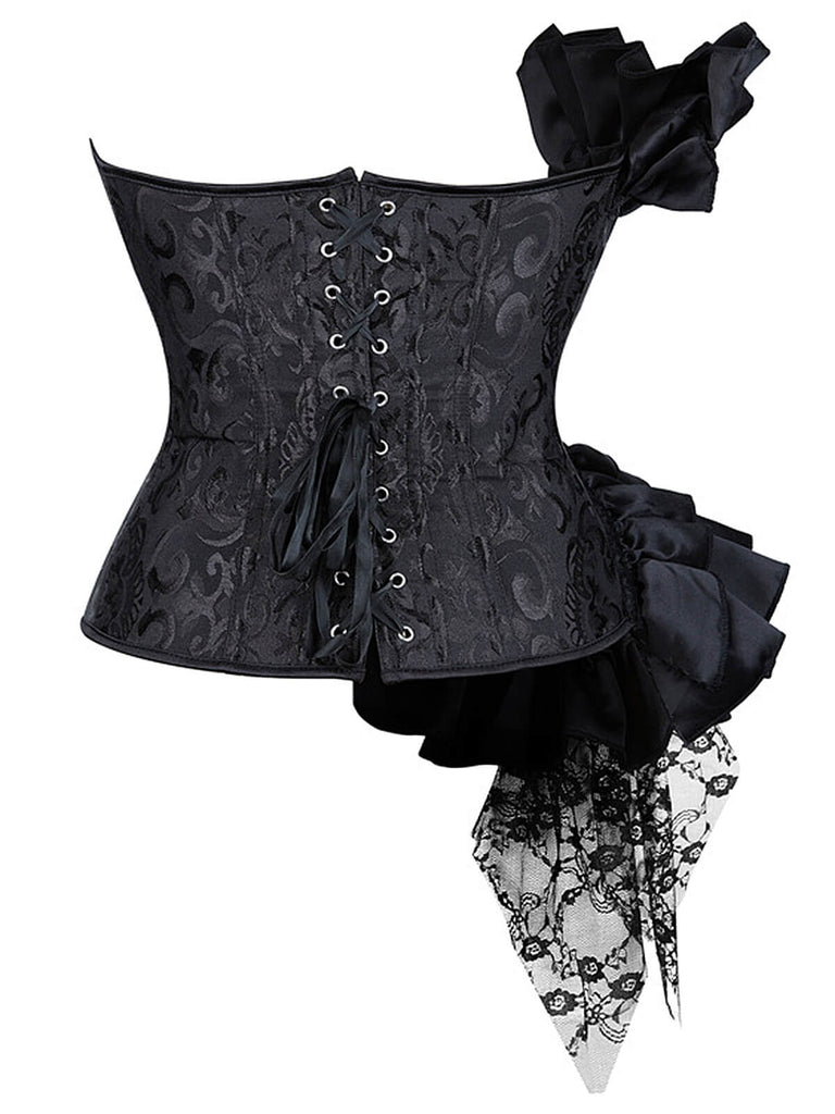 Schwarz 1970er Steampunk Rüschen Spitze Patchwork Korsett