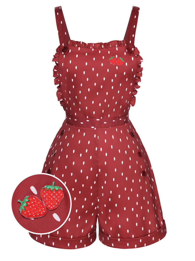 [Vorverkauf] 1950er Spaghetti Träger Rüsche Erdbeere Polka Dots Romper