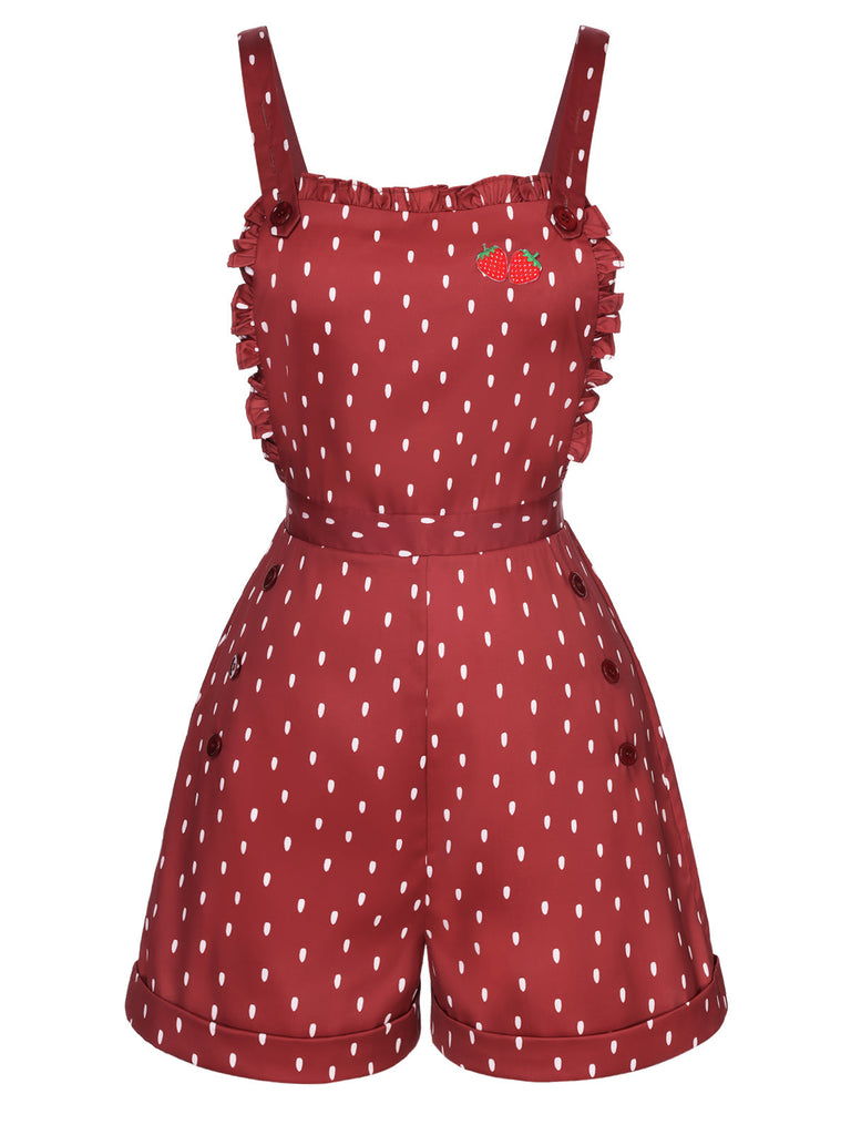 [Vorverkauf] 1950er Spaghetti Träger Rüsche Erdbeere Polka Dots Romper