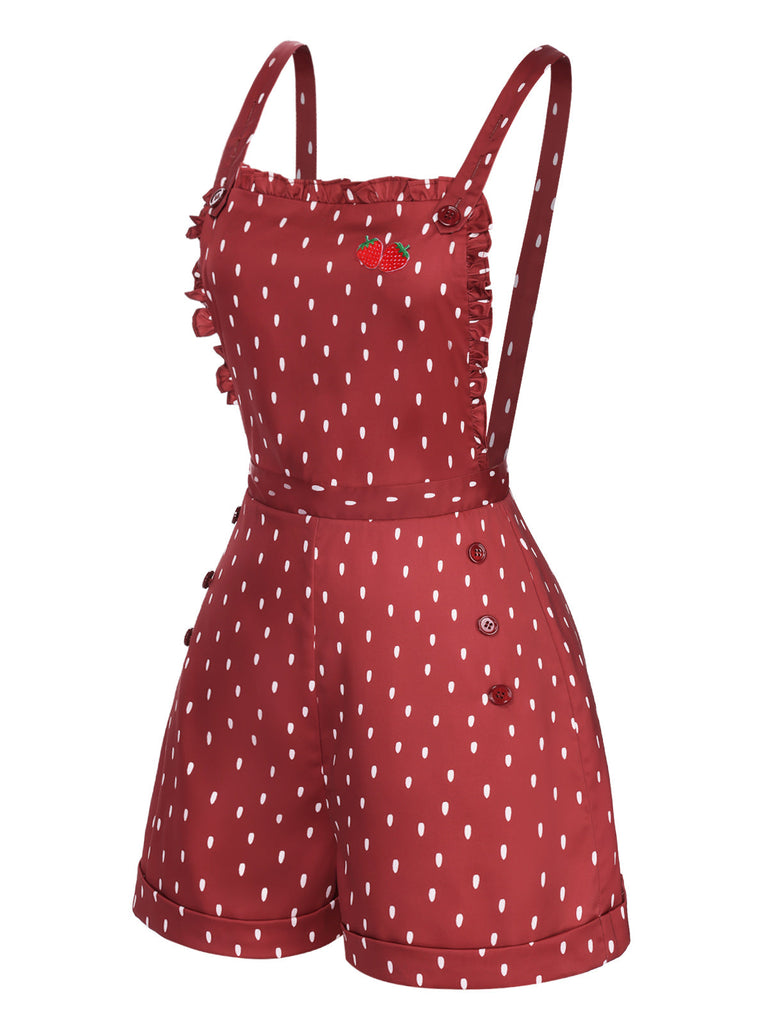 [Vorverkauf] 1950er Spaghetti Träger Rüsche Erdbeere Polka Dots Romper