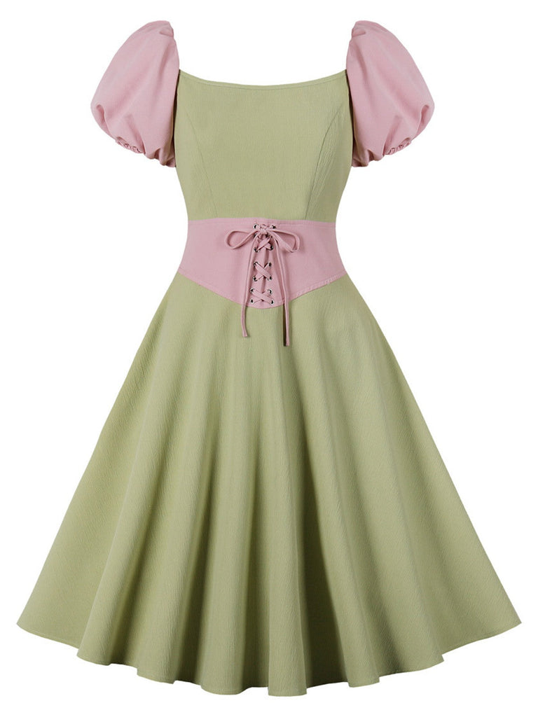 Blasses Grün 1950er Kontrast Puffärmel Kleid
