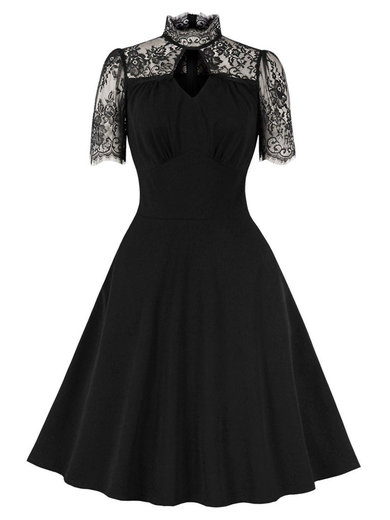 Schwarz 1950er Spitze A-Linie Kleid