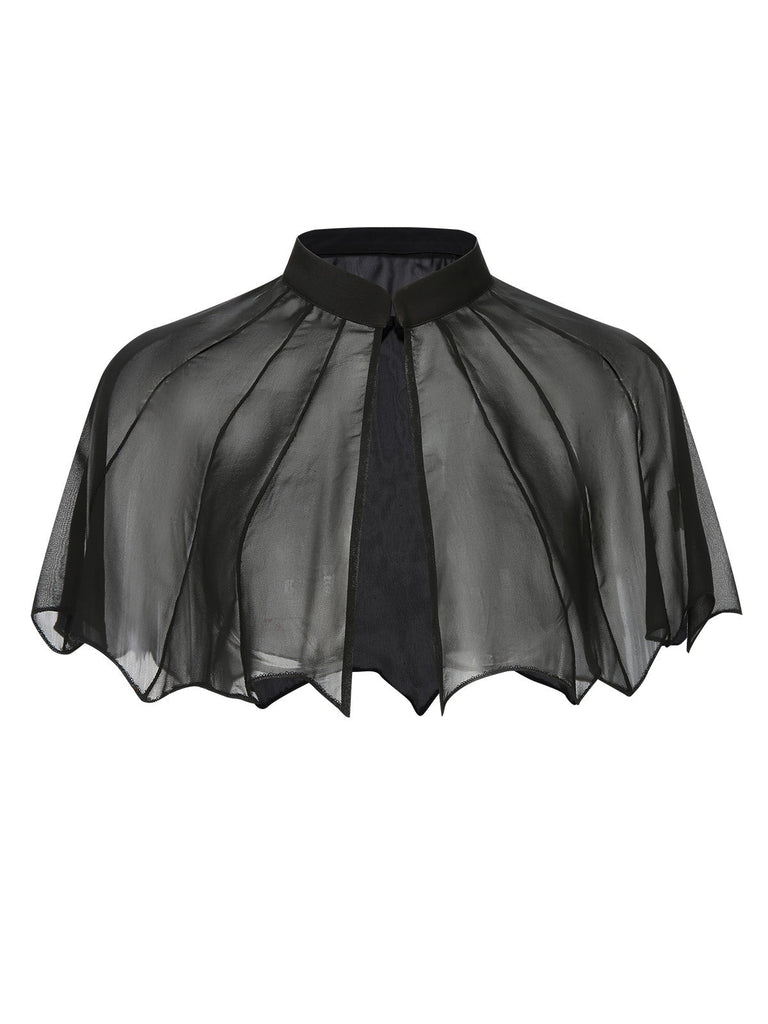 [Vorverkauf] 2PCS Schwarz 1950er Halloween Fledermaus Masche Kleid & Durchsichtigen Umhang