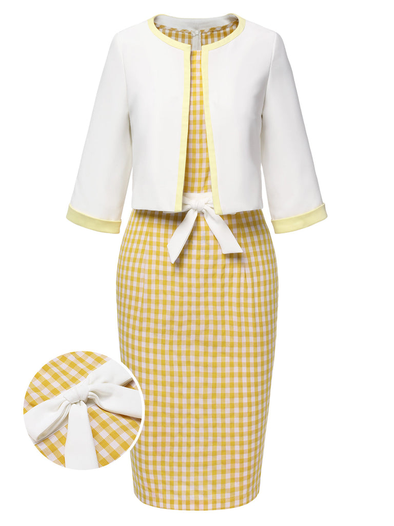 [Vorverkauf] 2PCS Gelb 1960er Kontrast Mäntel & Schleife Plaids Kleid