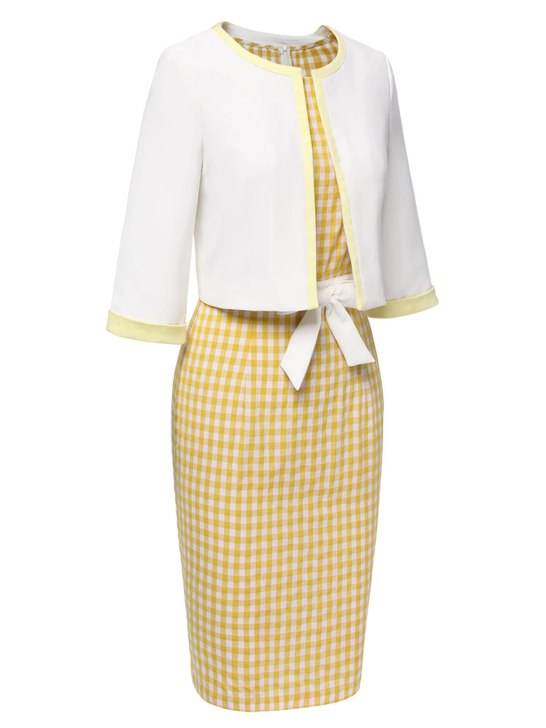 [Vorverkauf] 2PCS Gelb 1960er Kontrast Mäntel & Schleife Plaids Kleid