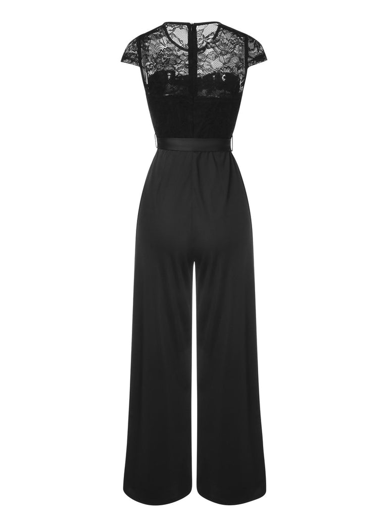 Schwarz 1960er Spitze Patchwork Flügelärmel Jumpsuit