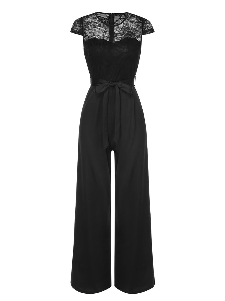 Schwarz 1960er Spitze Patchwork Flügelärmel Jumpsuit