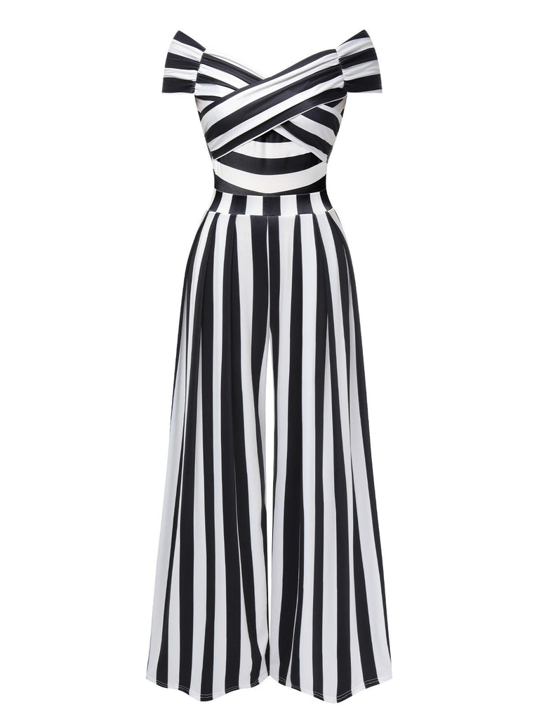 [Vorverkauf] Grün 1960er Schulterfrei Streifen Jumpsuit