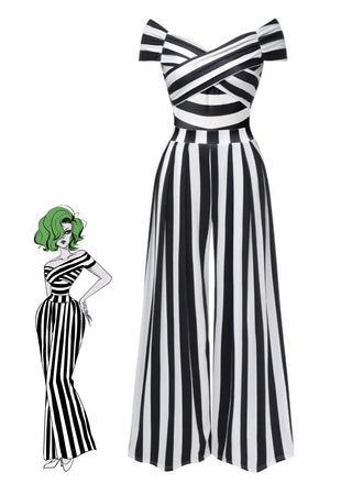 Schwarz Beetlejuice Kostüm 1960er Schulterfrei Stripes Jumpsuit