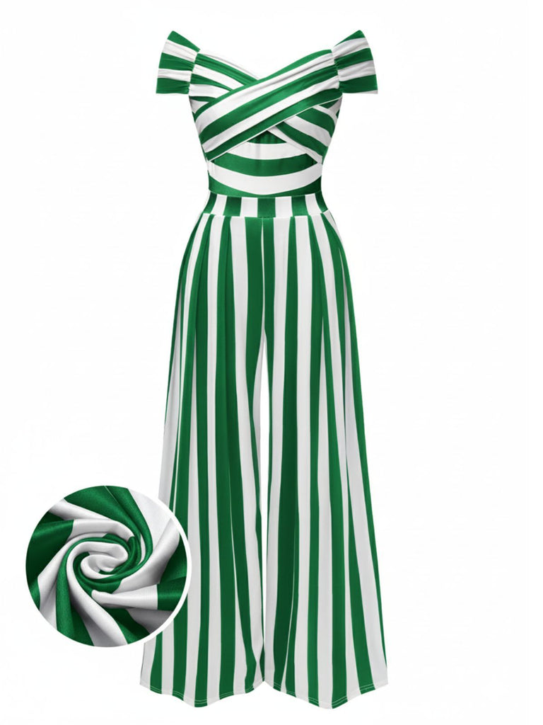 [Vorverkauf] Grün 1960er Schulterfrei Streifen Jumpsuit