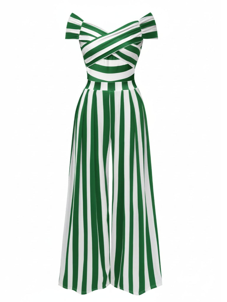 [Vorverkauf] Grün 1960er Schulterfrei Streifen Jumpsuit