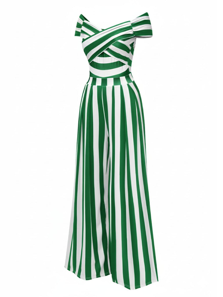 [Vorverkauf] Grün 1960er Schulterfrei Streifen Jumpsuit