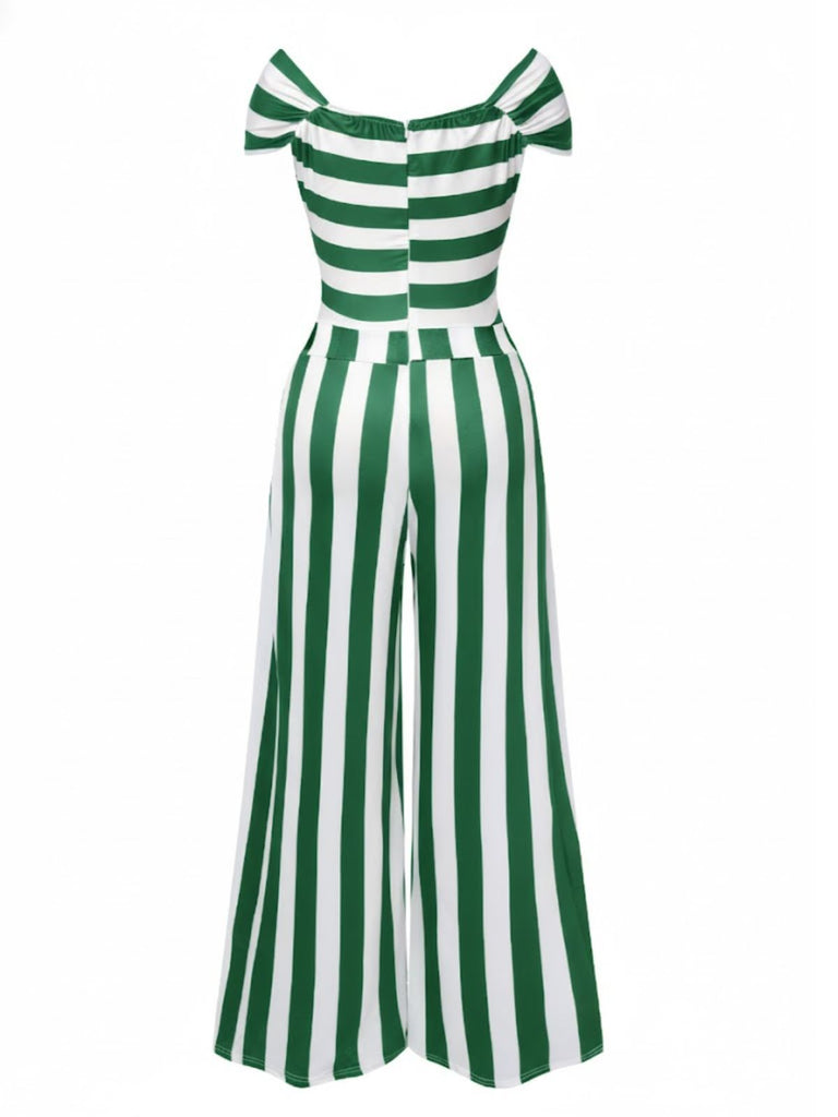 [Vorverkauf] Grün 1960er Schulterfrei Streifen Jumpsuit