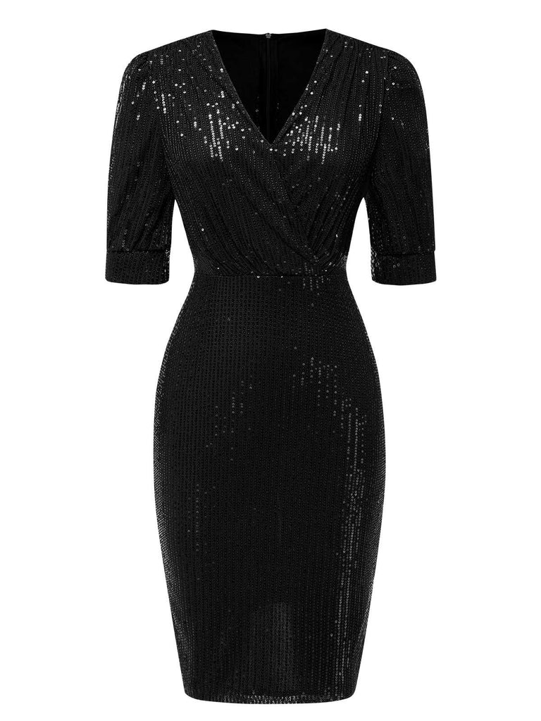 1960er V-Ausschnitt Pailletten Halbe Ärmel Bodycon Kleid