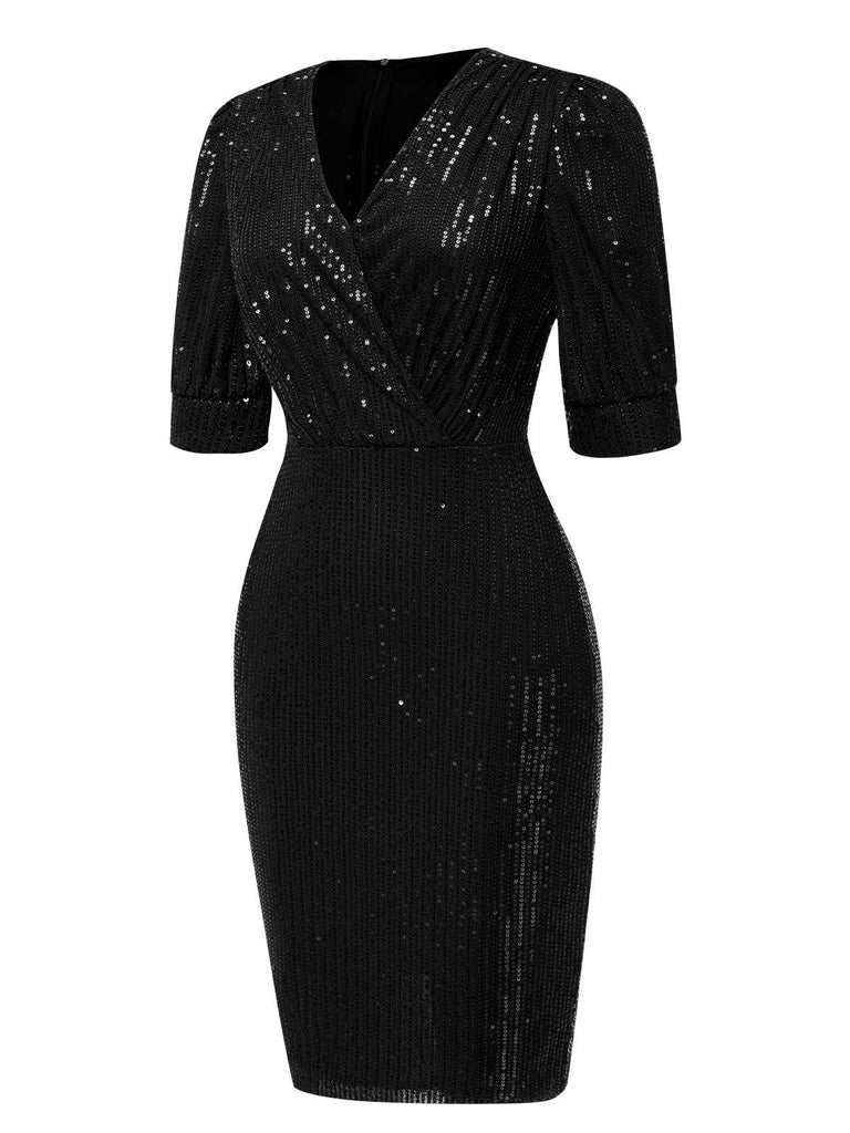 1960er V-Ausschnitt Pailletten Halbe Ärmel Bodycon Kleid