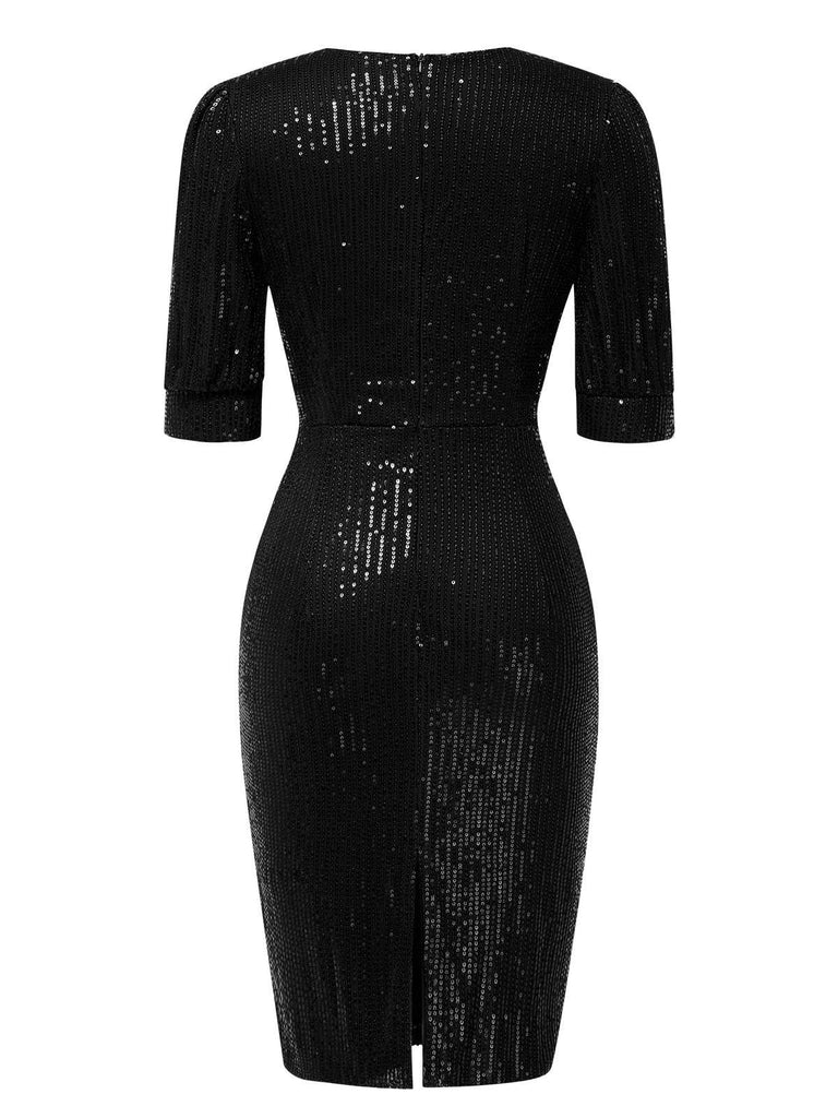 1960er V-Ausschnitt Pailletten Halbe Ärmel Bodycon Kleid